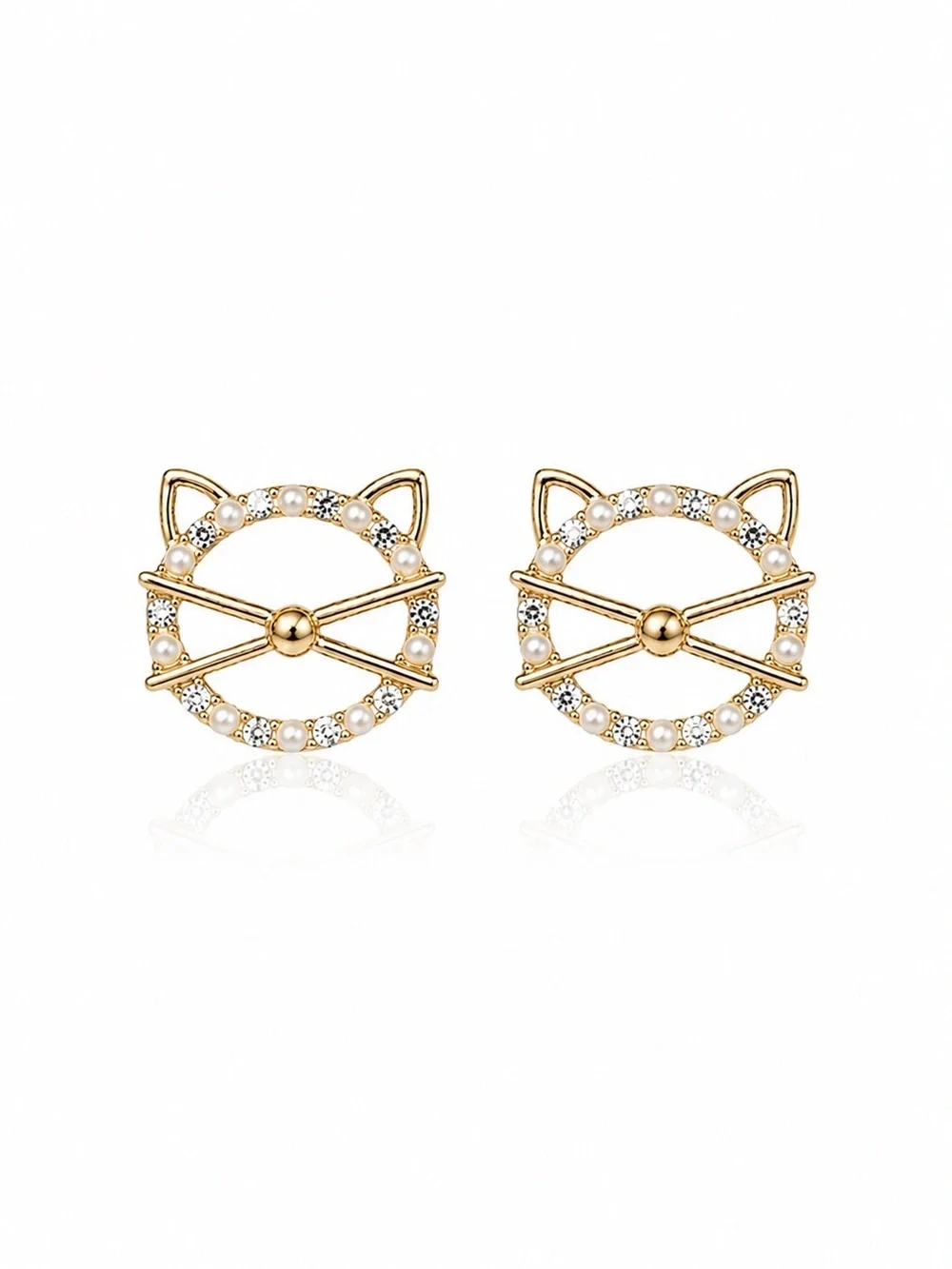 Gold Cat Outline Crystal Stud Earrings - Women's Fashion Jewelry